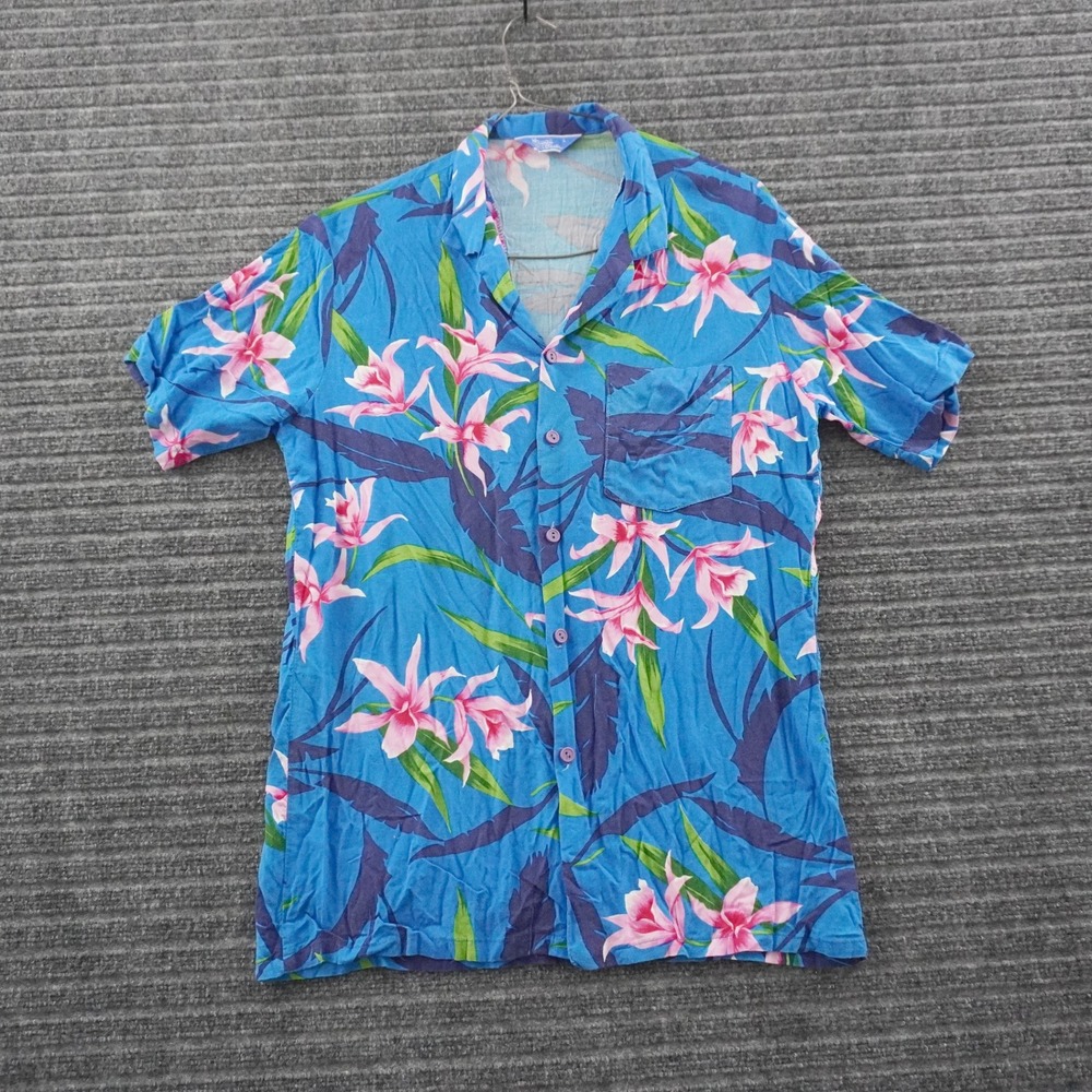 Vintage 60s 70s Hawaii Blues Aloha Hawaiian Shirt Large Blue Floral Rayon Pocket